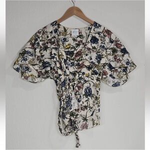 MISA Los Angeles Floral Tie Wrap Top Wide Sleeves Size XS Womens